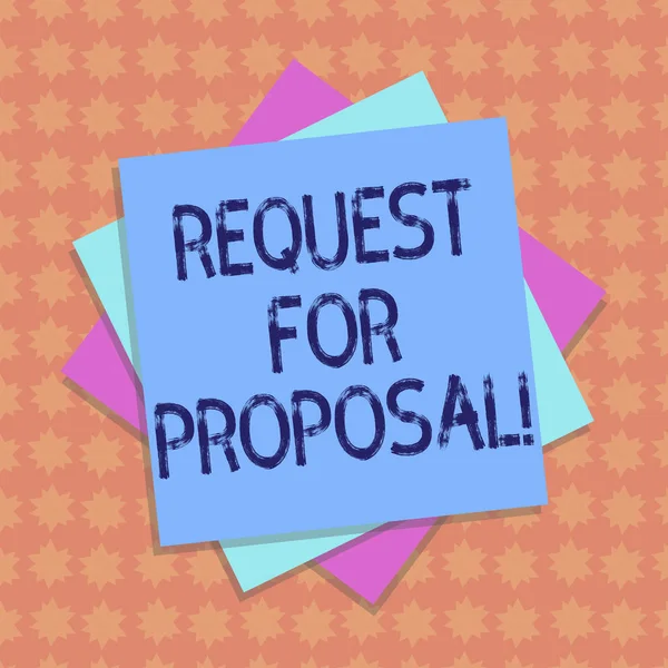 Schrijven van notitie weergegeven: Request For Proposal. Zakelijke foto presentatie van document dat voorstellen via een bieden meerdere laag van bladen kleur papier karton met schaduw verzoekt. — Stockfoto
