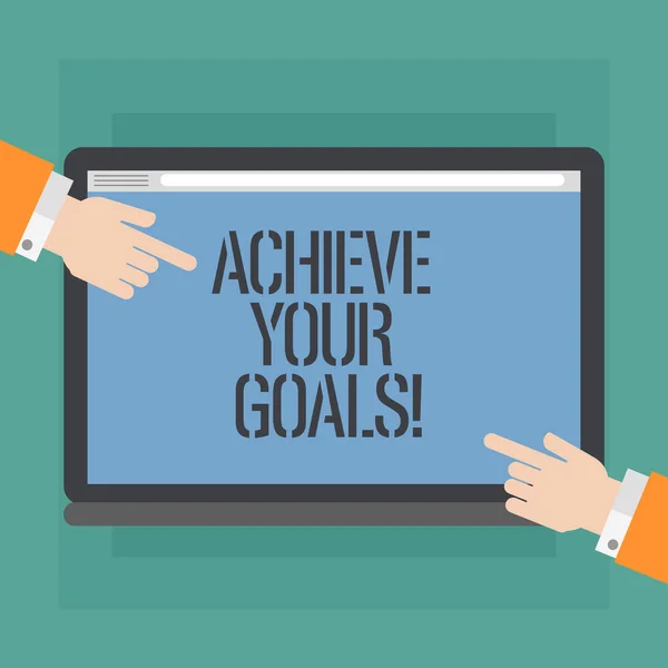 Conceptual hand writing showing Achieve Your Goals. Business photo showcasing accomplish goal or to do something you set out be done Hu analysis Hands Pointing on a Blank Color Tablet Screen. — Stock Photo, Image