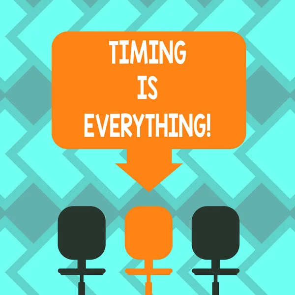 Text sign showing Timing Is Everything. Conceptual photo when the time is right, everything will fall into place Blank Space Color Arrow Pointing to One of the Three Swivel Chairs photo. — Stock Photo, Image
