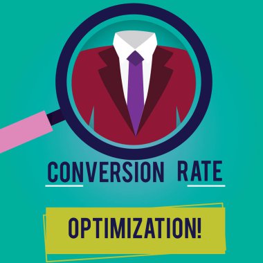 Kavramsal el dönüşüm oranı optimizasyon gösterilen yazma. Web sitesi ziyaretçilerinin büyüteç büyütme bir smokin ve etiket etiket altında yüzdesi artan vitrine iş fotoğraf.