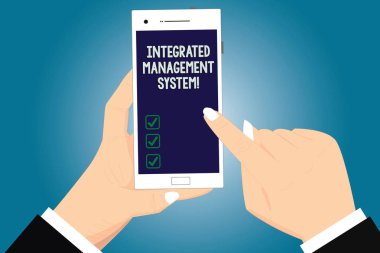 Entegre yönetim sistemi gösterilen metin işareti. Kavramsal fotoğraf bir iş bir Hu analiz ellerini tutarak işaret dokunmadan Smartphone boş renkli ekran içine tüm bileşenlerini bir araya getirir.