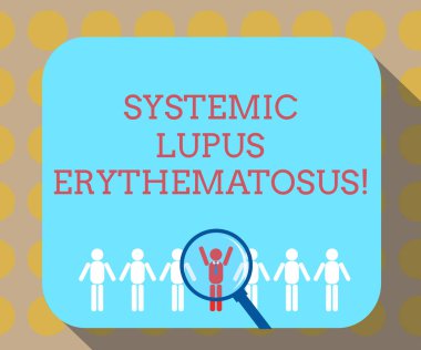 Metin yazma Sistemik Lupus Eritematozus kelime. Bağışıklık sistemi vücut saldırı sağlıklı doku Büyüteç üzerinden seçilmiş adam şekil arasında Hu Analizi'ni aptallar satırı için iş kavramı.