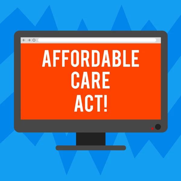 Sinal de texto mostrando Affordable Care Act. Foto conceitual Garantias que podem receber ou comprar seguro de saúde Tela de cor do monitor de desktop do computador em branco montado com barra de progresso . — Fotografia de Stock