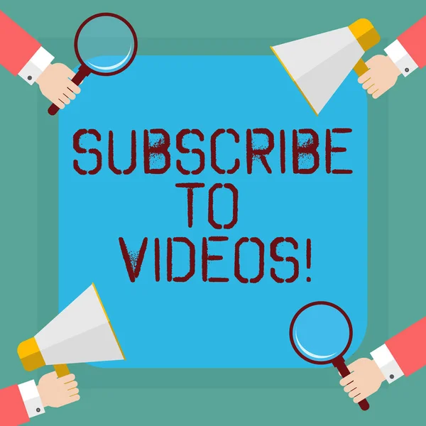 Conceptual hand writing showing Subscribe To Videos. Business photo showcasing like to see more content from those channels pages Hu analysis Hands Holding Magnifying Glass and Megaphone.