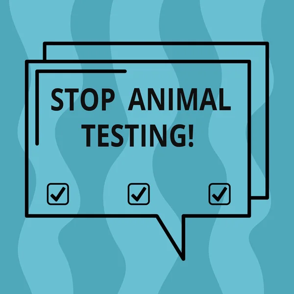 Концептуальный почерк, показывающий Stop Animal Testing. Деловое фото, демонстрирующее научный эксперимент, в котором живое животное подвергается прямоугольному очертанию Прозрачное пространство пузыря речи комикса . — стоковое фото