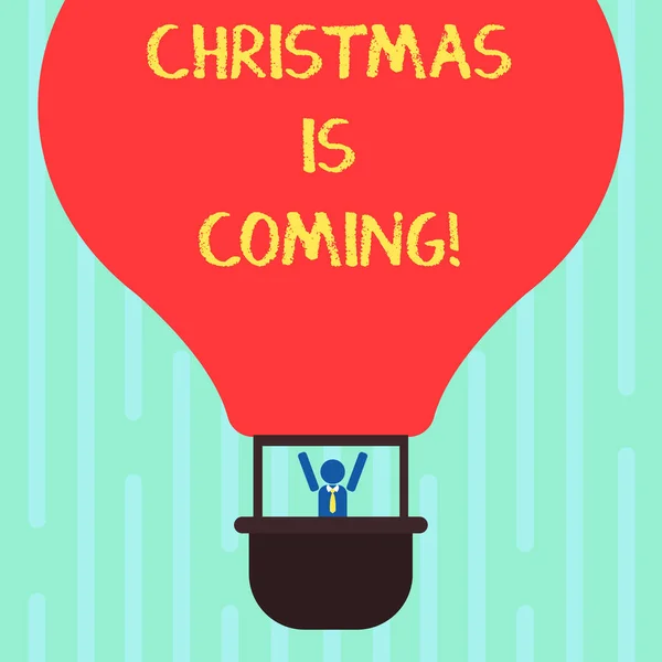 文字写文本圣诞节来了。一年一度的基督教节日庆祝基督诞生的商业理念在这里胡分析哑巴武器饲养在贡多拉骑蓝色空气气球. — 图库照片