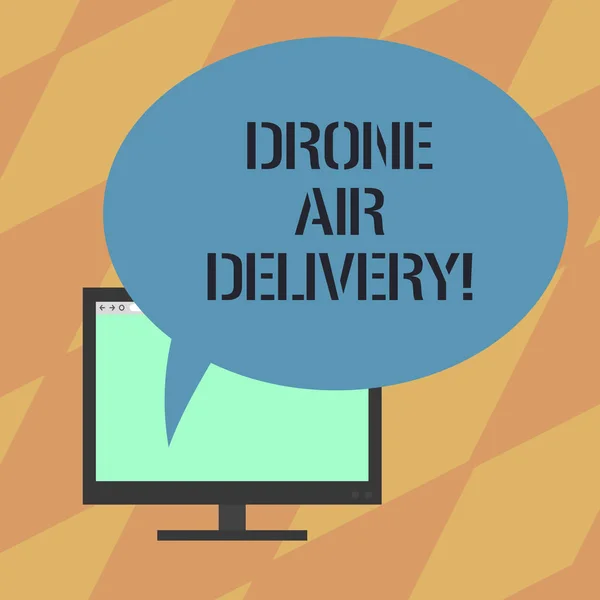 Signo de texto que muestra Drone Air Delivery. Foto conceptual vehículo aéreo sin analizar utilizado para transportar paquetes Monitor de computadora montado Pantalla en blanco con burbuja de voz de color ovalado . — Foto de Stock