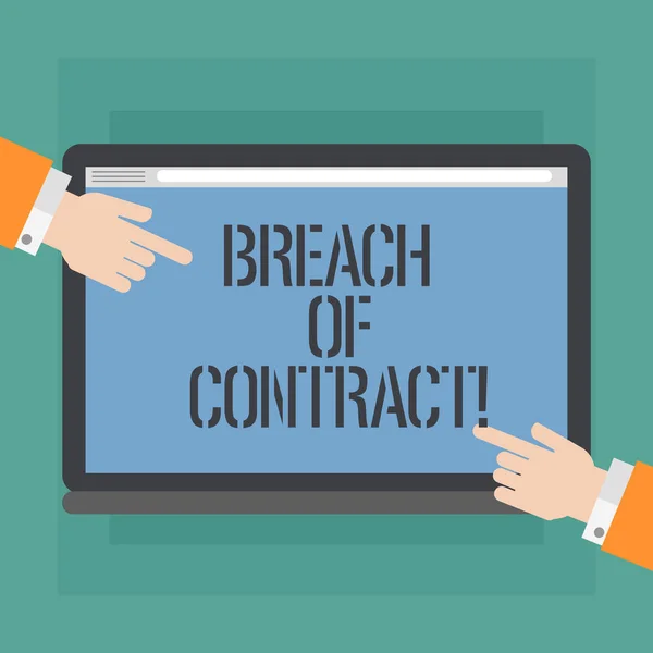 Conceptual hand writing showing Breach Of Contract. Business photo showcasing act of breaking the terms set out in deal or agreement Hu analysis Hands Pointing on a Blank Color Tablet Screen. — Stock Photo, Image