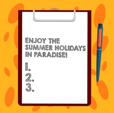 Enjoy yaz tatil In Paradise gösterilen Not yazma. İş fotoğraf gitmek güzel vitrine tatil sezonu sac Bond kağıt Tükenmez kalem metin alanı ile panosuna yerleştirir.