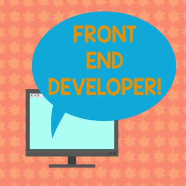 Front End Geliştirici gösterilen Not yazma. Bilgisayar programcısı vitrine iş fotoğraf kodları ve görsel öğeler Mounted bilgisayar monitörü boş ekran Oval renk konuşma balonu ile oluşturur.
