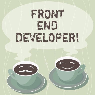 Front End Geliştirici yazma el yazısı metin. Anlam bilgisayar programcısı kodları ve onun için görsel öğeler Kupası fincan tabağı kümeleri oluşturur kavramı ve onun kahve yüz simgesi boş buhar ile.