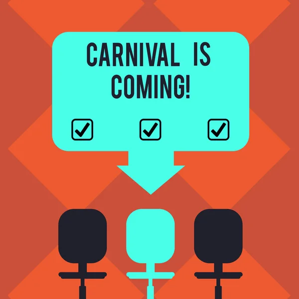 Handskrift text Carnival kommer. Begrepp som betyder offentlig festival som visar spela musik och dans tomt utrymme färg pil som pekar till en av de tre Swivel stolar foton. — Stockfoto