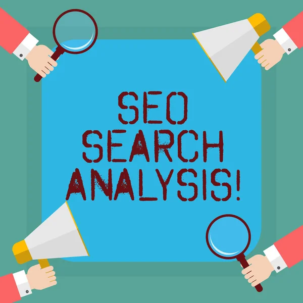 Begrepsskrift som viser Seo Search Analysis. Forretningsfoto-visning gjøre endringer nettside gjøre flere synlige søkemotorer Hu-analyse Hands Holding Forstørrelsesglass og Megaphone . – stockfoto