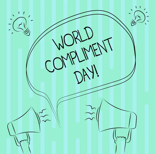 Word writing text World Compliment Day. Business concept for basic huanalysis need for recognition and appreciation day Freehand Outline Sketch of Blank Speech Bubble Megaphone Sound Idea Icon.