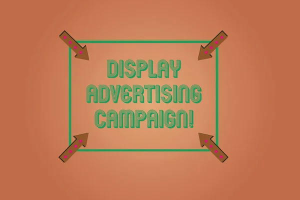 Handwriting text writing Display Advertising Campaign. Concept meaning conveys a commercial message using graphics Square Outline with Corner Arrows Pointing Inwards on Color Background