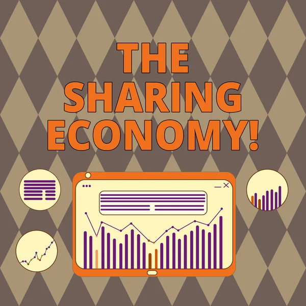 Manuscrito de texto escrevendo The Sharing Economy. Conceito significando ativos de sistemas ou serviços compartilhados entre indivíduos Combinação Digital de Dados de Linha de Coluna Gráfico Gráfico na Tela do Tablet . — Fotografia de Stock