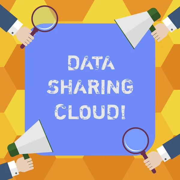 Handwriting text Data Sharing Cloud. Concept meaning using internet technologies to share files between users Hu analysis Hands Each Holding Magnifying Glass and Megaphone on 4 Corners.