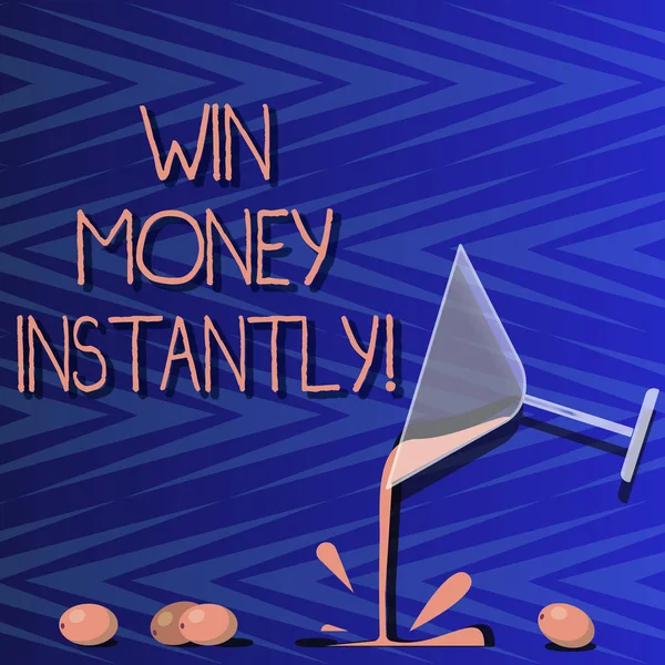 Word writing text Win Money Instantly. Business concept for getting cash as prize in competition sport or game Cocktail Wine Glass Pouring Liquid with Splash Grapes and Shadow photo.