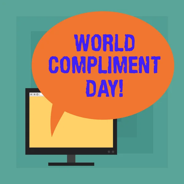Conceptual hand writing showing World Compliment Day. Business photo text basic huanalysis need for recognition and appreciation day Mounted Computer Blank Screen with Oval Color Speech Bubble.