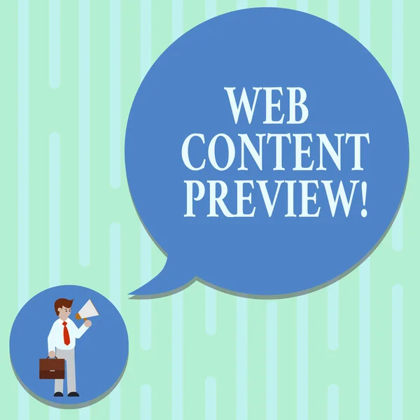 Word writing text web content preview. Business-Konzept für textuelle visuelle auditive, die von der Benutzererfahrung Mann in Krawatte tragen Aktentasche hält Megaphon leere Sprechblase angetroffen. — Stockfoto