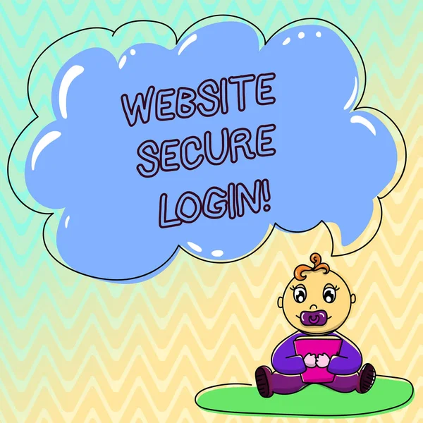 Rukopis textu webové stránky Secure Login. Pojetí znamená používá protokol Ssl k zašifrování uživatelské jméno a heslo, dítě sedí na koberec s knihou dudlík a prázdné barvy Cloud řečovou bublinu. — Stock fotografie