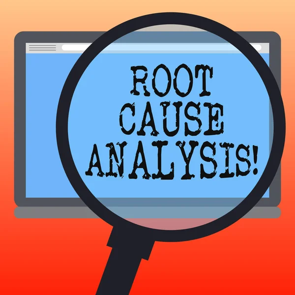 Escribir texto a mano Análisis de causa raíz. Concepto que significa método de resolución de problemas utilizado para identificar causas Lupa Ampliación de la tableta Pantalla en color en blanco Texto de la foto Espacio . —  Fotos de Stock