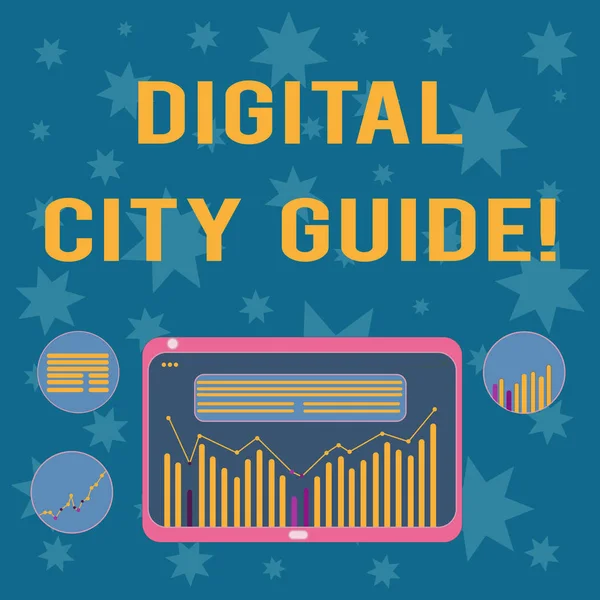 Uwaga: pisanie Wyświetlono Digital City Guide. Biznesowe zdjęcie prezentujący aplikacji, która zawiera informacje pomocy dotyczące kultury cyfrowe połączenie z kolumny danych graficzny wykres liniowy na ekranie tabletu. — Zdjęcie stockowe