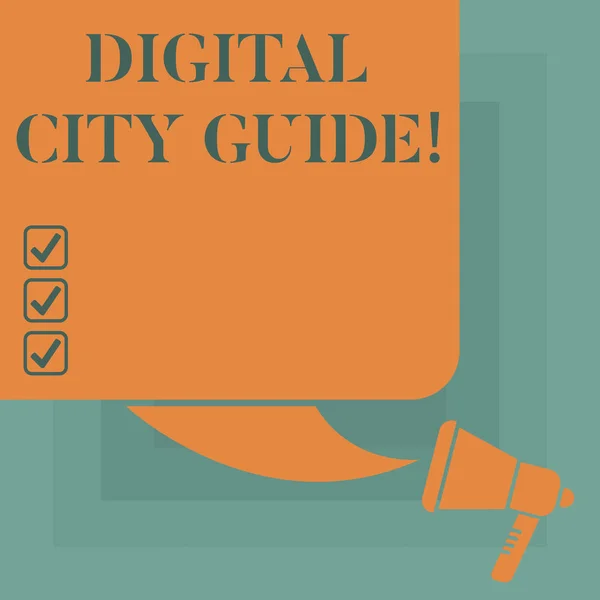 Koncepcyjne w zapasie pismo, Wyświetlono Digital City Guide. Zdjęcie tekstu aplikacji biznesowych, które dostarcza informacji pomocy na kulturalne kolor sylwetka z pustym placu dymek i megafon. — Zdjęcie stockowe