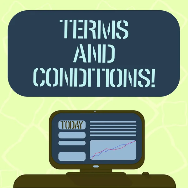 Escritura a mano de texto Términos y condiciones. Concepto que significa detallar las reglas que se aplican para llevar una determinada pantalla de computadora montada en contrato con el gráfico de línea en el escritorio Caja de texto en color en blanco . — Foto de Stock