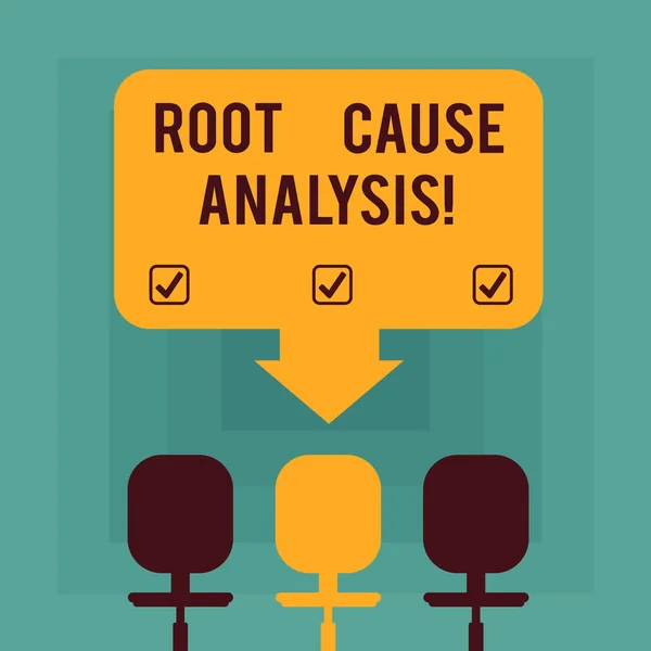 "Conceptual hand writing showing Root Cause Analysis". Business photo texte méthode de résolution de problèmes utilisée pour identifier les causes Espace Couleur flèche pointant vers l'un des trois chaises pivotantes . — Photo