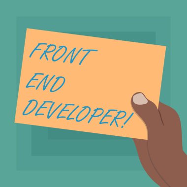 Kavramsal el Front End Geliştirici gösterilen yazma. İş fotoğraf vitrine bilgisayar programcısı kodları ve görsel öğeler çizilmiş Hu analiz el Holding boş renk kağıt karton oluşturur.