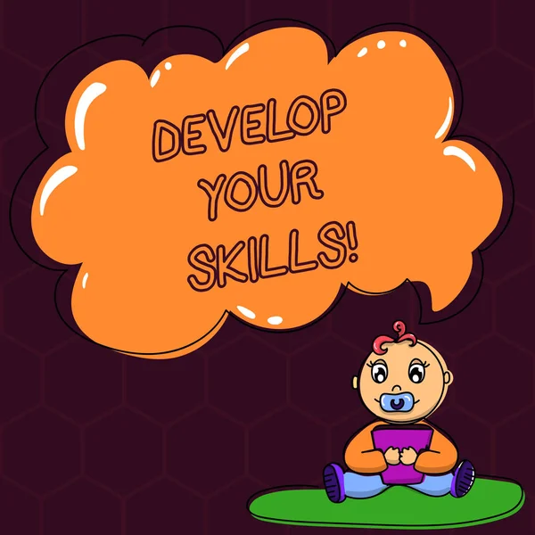 Text sign showing Develop Your Skills. Conceptual photo improve ability to do something well over time Baby Sitting on Rug with Pacifier Book and Blank Color Cloud Speech Bubble. — Stock Photo, Image