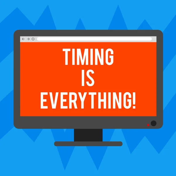 Textzeichen mit Timing ist alles. konzeptionelle Foto, wenn die Zeit reif ist, wird alles an seinen Platz fallen leeren Computer-Desktop-Monitor Farbbildschirm mit Fortschrittsbalken montiert. — Stockfoto