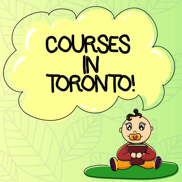 Szöveg írása tanfolyamok a Toronto szó. Üzleti koncepció irányba, vagy a közeli vagy távoli helyeken Canda baba ül a cumi könyv szőnyeg és üres színű felhő beszéd buborék közötti útvonalak. — Stock Fotó
