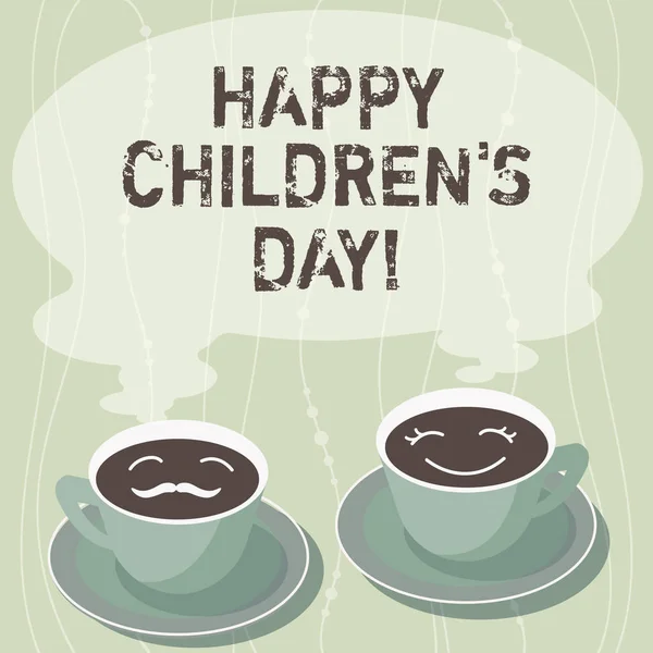 Handgeschreven tekst schrijven Happy Children S Day. Begrip betekenis vaste datum gemaakt ter gelegenheid van de kinderen en plezier Sets van Cup schotel voor zijn en haar koffie gezicht pictogram met lege stoom. — Stockfoto