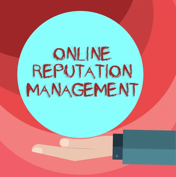 Text sign showing Online Reputation Management. Conceptual photo taking control of the online conversation Hu analysis Hand in Suit Offering Blank Solid Color Circle for Logo Posters.