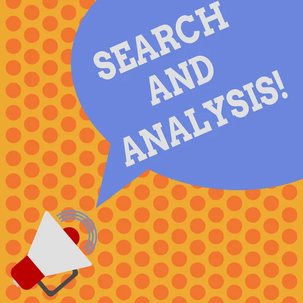 Writing note showing Search And Analysis. Business photo showcasing inspecting cleansing transforming and modeling data Megaphone with Sound Volume Icon and Blank Color Speech Bubble photo. — Stock Photo, Image