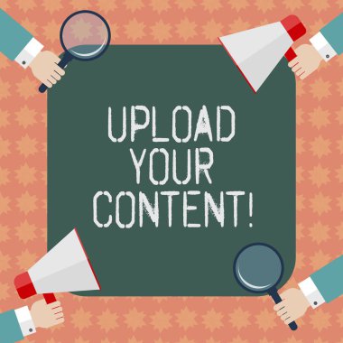Upload içeriğinizin gösterilen Not yazma. İş fotoğraf vitrine iletim dosya bir bilgisayar sistemi internet'e büyüteç ve megafon Holding Hu analiz eller.