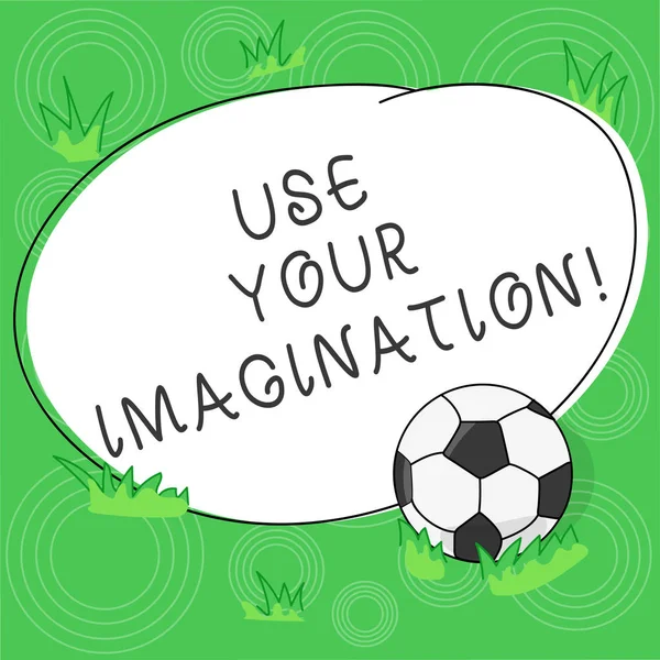 Writing note showing Use Your Imagination. Business photo showcasing using ability to form mental pictures of ideas Soccer Ball on the Grass and Blank Outlined Round Color Shape photo.