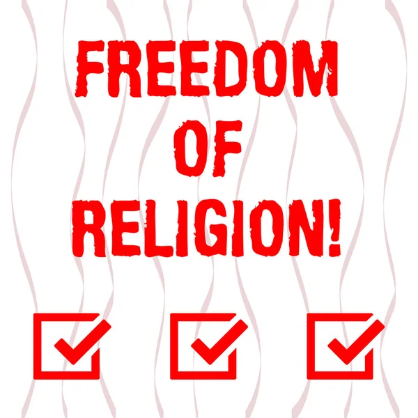 Χειρόγραφου κειμένου ελευθερία της θρησκείας. Έννοια σημαίνει δικαίωμα να ασκήσουν την όποια θρησκεία μία κάθετη καμπύλη λωρίδα στριμμένα φύλλου κορδέλα επιλέγει στην απρόσκοπτη επαναλάβετε μοτίβο φωτογραφία. — Φωτογραφία Αρχείου