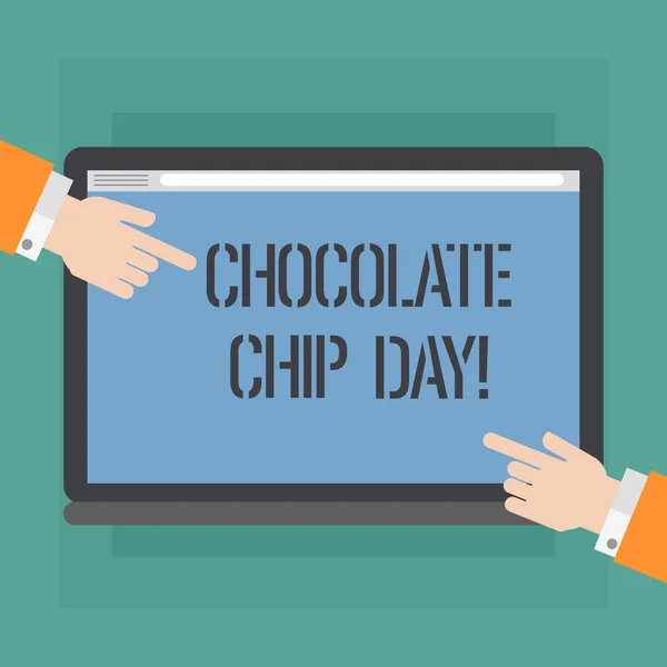 Pisanie, Wyświetlono Chocolate Chip dzień pojęciowy ręcznie. Biznesowe zdjęcie prezentujący Data cieszyć smaczne bity Choco w analizie Hu ciasteczka ręce wskazuje na pusty ekran tabletu kolor. — Zdjęcie stockowe