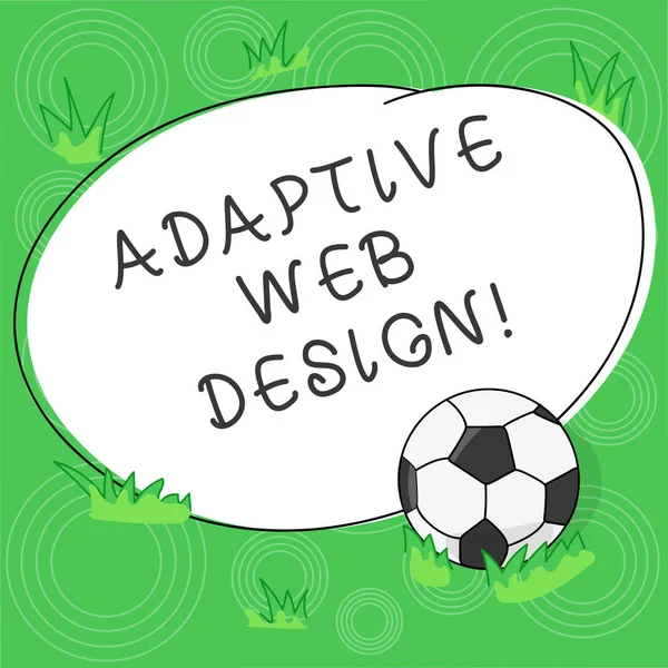 Writing note showing Adaptive Web Design. Business photo showcasing multiple versions of a webpage to fit the user s is device Soccer Ball on the Grass and Blank Outlined Round Color Shape photo.