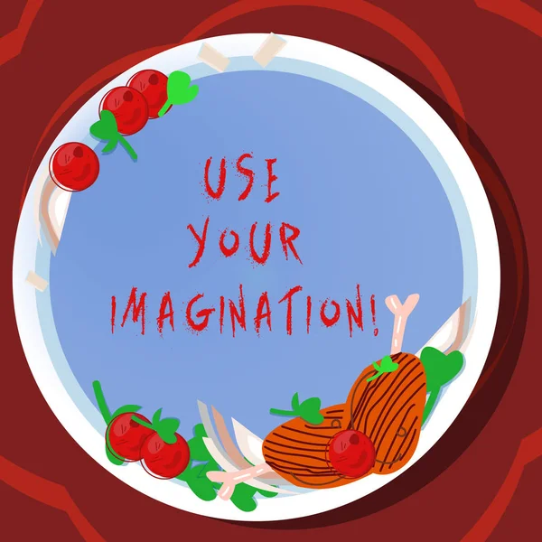 Kavramsal el kullanım Your hayal gösterilen yazma. İş fikirleri el çekilmiş kuzu pirzolası Herb baharat kiraz domates plaka üzerinde zihinsel resimler oluşturmak için yetenek kullanarak fotoğraf vitrine.