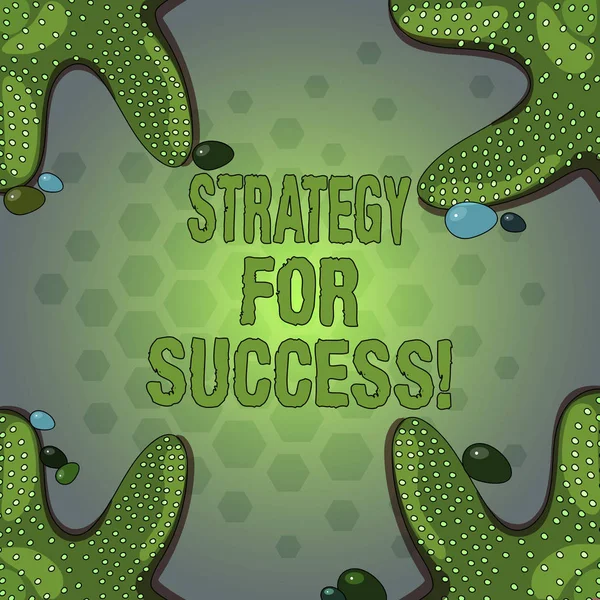 Word writing text Strategy For Success. Business concept for Game plan to follow to meet the challenge and win Starfish photo on Four Corners with Colorful Pebbles for Poster Ads Cards