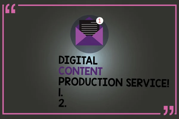 Text sign showing Digital Content Production Service. Conceptual photo New ways of marketing advertising Open Envelope with Paper New Email Message inside Quotation Mark Outline.