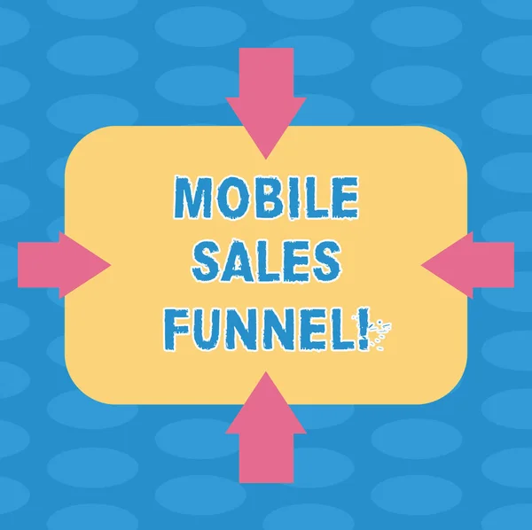 Письменный текст Mobile Sales Funnel. Бизнес-концепция визуальной метафоры для пути, выбранного потенциальными клиентами Стрелки по четырем сторонам пустой прямоугольной формы, указывающие внутрь фото . — стоковое фото