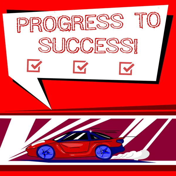 Szöveg jel mutatja az elért siker. Fogalmi fénykép eléréséhez kívánt látomások és a tervezett célok autó ikon gyors mozgás és a kipufogó füst üres színes beszéd buborék. — Stock Fotó
