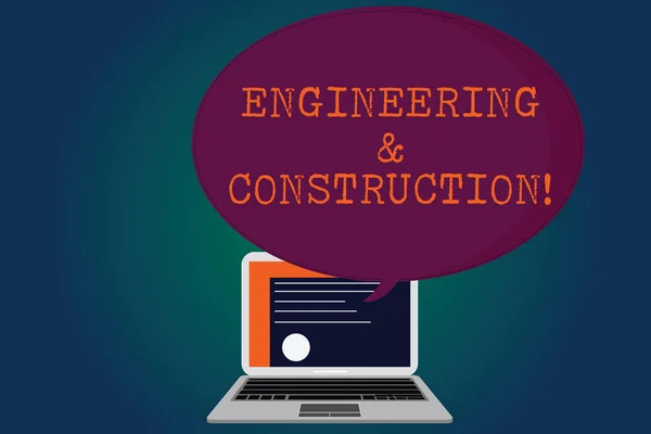 Handwriting text Engineering And Construction. Concept meaning applying technical knowledge to infrastructure Certificate Layout on Laptop Screen and Blank Halftone Color Speech Bubble.