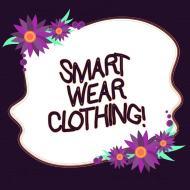 Kavramsal el akıllı giyim giymek gösterilen yazma. Genellikle düzgün henüz rahat kıyafetleri veya çiçek kenarlık resmi boş renk şekil olarak kartları davet için tanımlanmış iş fotoğraf metni.