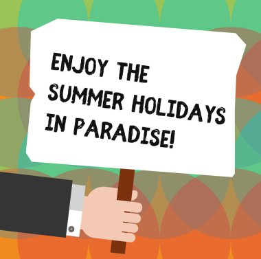 Kavramsal el keyfini yaz tatil In Paradise gösterilen yazma. Tatil sezonu Hu analiz Holding renkli afişini sopa metin alanı ile iş fotoğraf gitmek güzel vitrine yerleştirir.